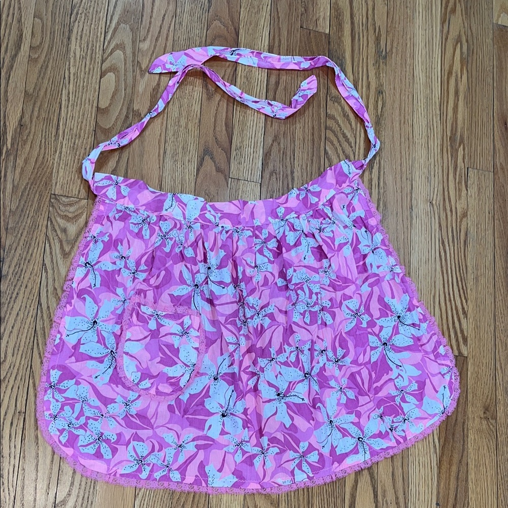 Vtg Abstract Floral Print Waist Tie Handmade Apron Pink Purple White Flowers MCM